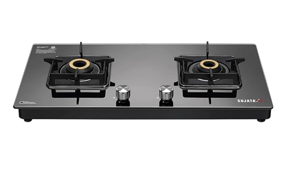 सुजाता प्रीमियम गैस स्टोव | 9 साल की वारंटी | 2 बर्नर गैस स्टोव, 2 बर्नर गैस स्टोव ग्लास टॉप, SABAF, ISI प्रमाणित, LPG और PNG कम्पैटिबल, 360° घूमने वाला पीतल गैस नोजल, पीतल बर्नर (काला) 