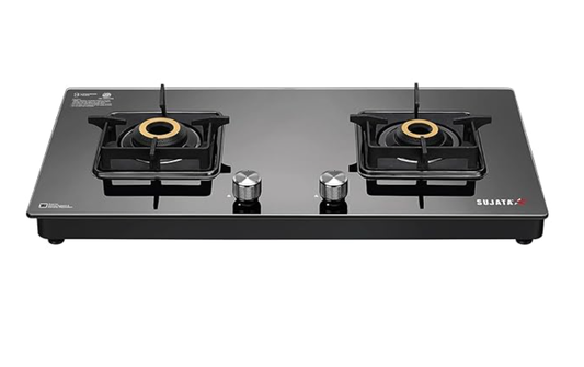 सुजाता प्रीमियम गैस स्टोव | 9 साल की वारंटी | 2 बर्नर गैस स्टोव, 2 बर्नर गैस स्टोव ग्लास टॉप, SABAF, ISI प्रमाणित, LPG और PNG कम्पैटिबल, 360° घूमने वाला पीतल गैस नोजल, पीतल बर्नर (काला) 