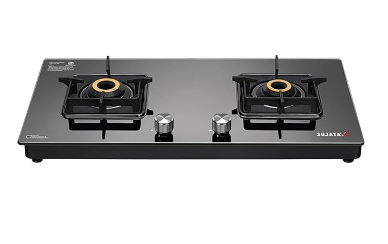 Sujata Premium Gas Stove | 9 Years Warranty | 2 burner gas stove, 2 Burner Gas Stove Glass Top, SABAF, ISI Certified, LPG & PNG Compatible, 360° Rotating Brass Gas Nozzle, Brass Burner (Black)-1