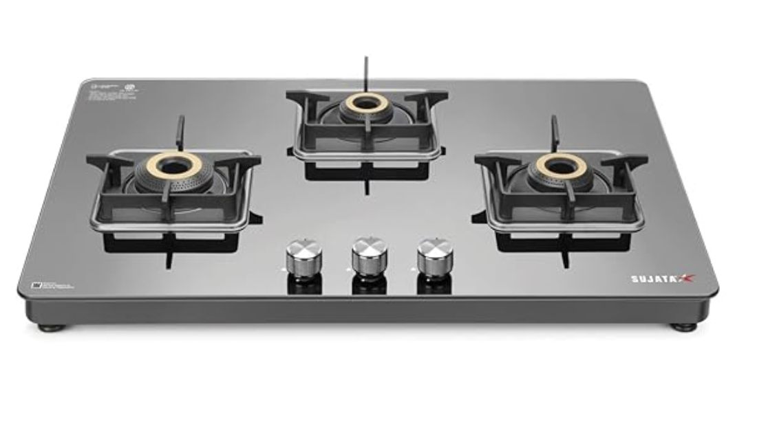 Sujata Premium Gas Stove | 9 Years Warranty | 3 Burner Gas Stove Glass Top, SABAF, ISI Certified, LPG & PNG Compatible, 360° Rotating Brass Gas Nozzle, Jumbo Brass Burner (Black)