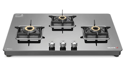 Sujata Premium Gas Stove | 9 Years Warranty | 3 Burner Gas Stove Glass Top, SABAF, ISI Certified, LPG & PNG Compatible, 360° Rotating Brass Gas Nozzle, Jumbo Brass Burner (Black)