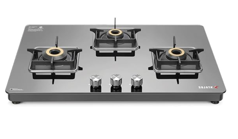 Sujata Premium Gas Stove | 9 Years Warranty | 3 Burner Gas Stove Glass Top, SABAF, ISI Certified, LPG & PNG Compatible, 360° Rotating Brass Gas Nozzle, Jumbo Brass Burner (Black)-1