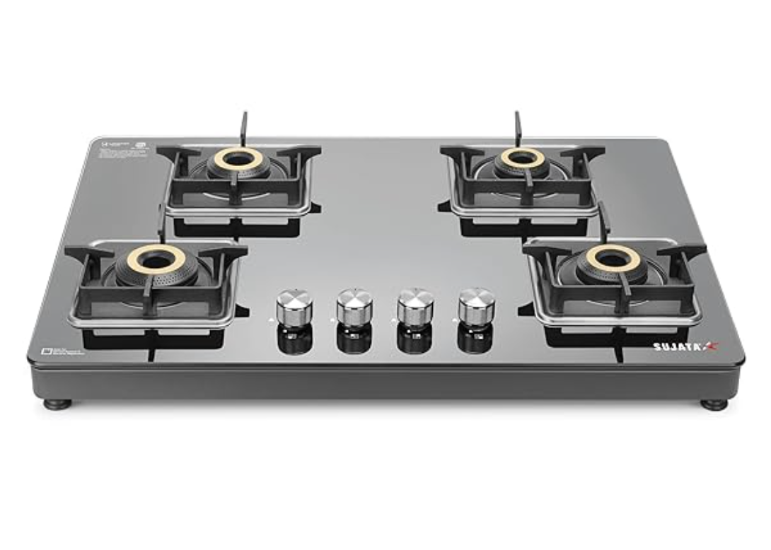 Sujata Premium Gas Stove | 9 Years Warranty | 4 Burner Gas Stove Glass Top, SABAF, ISI Certified, LPG & PNG Compatible, 360° Rotating Brass Gas Nozzle, Jumbo Brass Burner (Black)