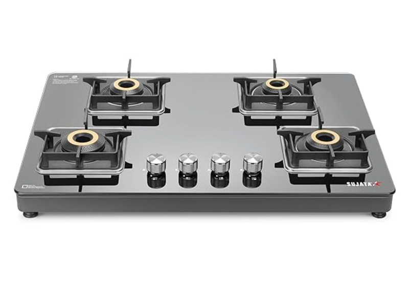 Sujata Premium Gas Stove | 9 Years Warranty | 4 Burner Gas Stove Glass Top, SABAF, ISI Certified, LPG & PNG Compatible, 360° Rotating Brass Gas Nozzle, Jumbo Brass Burner (Black)-1
