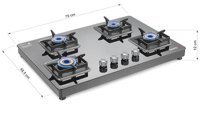 Sujata Premium Gas Stove | 9 Years Warranty | 4 Burner Gas Stove Glass Top, SABAF, ISI Certified, LPG & PNG Compatible, 360° Rotating Brass Gas Nozzle, Jumbo Brass Burner (Black)