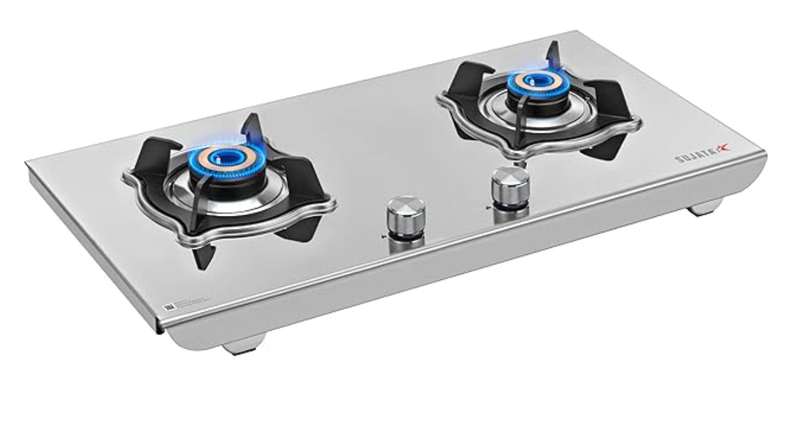 Sujata Gas Stove | 9 Years Warranty, ISI Certified | Gas Stove 2 Burners Steel Auto Ignition, LPG Ready & PNG Compatible, SABAF, 360° Rotating Brass Gas Nozzle, Brass Burner (Robusto)-1