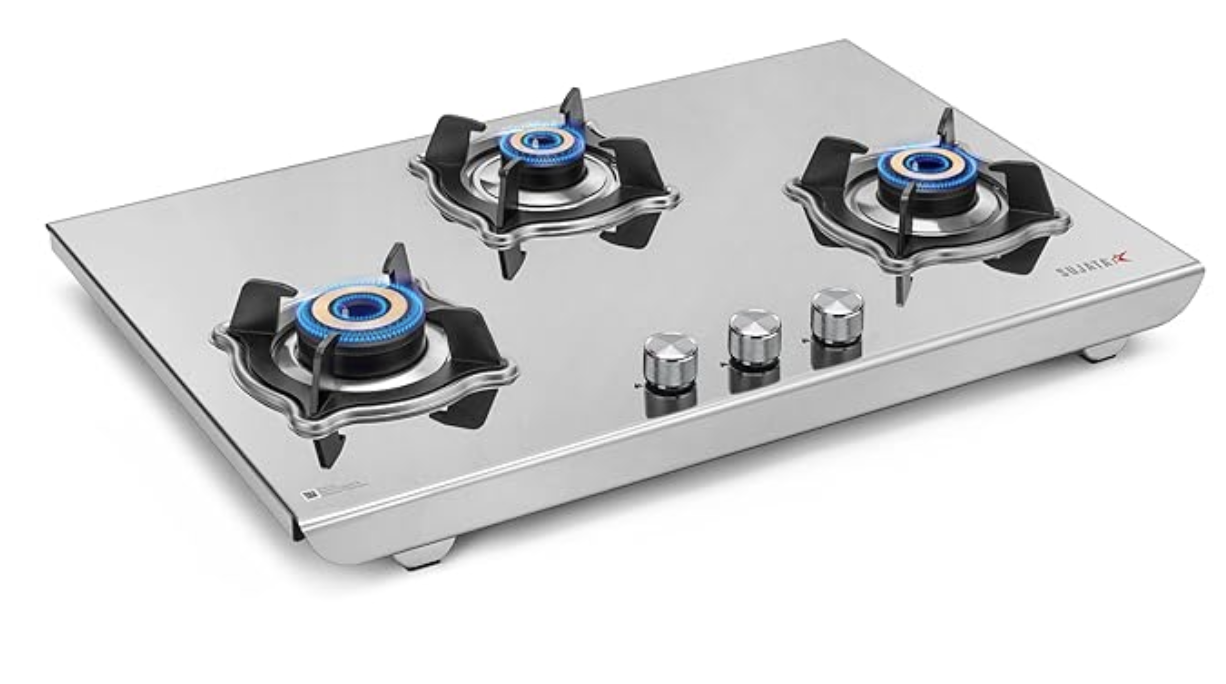 Sujata Gas Stove 3 Burners | 9 Years Warranty, ISI Certified | 3 Burner Gas Stove Stainless Steel Auto Ignition, LPG Ready & PNG Compatible, SABAF, 360° Rotating Nozzle, Jumbo Brass Burner (Robusto)
