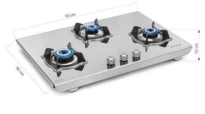 Sujata Gas Stove 3 Burners | 9 Years Warranty, ISI Certified | 3 Burner Gas Stove Stainless Steel Auto Ignition, LPG Ready & PNG Compatible, SABAF, 360° Rotating Nozzle, Jumbo Brass Burner (Robusto)