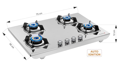 Sujata Gas Stove 4 Burners | 9 Years Warranty, ISI Certified | 4 Burner Gas Stove Stainless Steel Auto Ignition, LPG Ready & PNG Compatible, SABAF, 360° Rotating Nozzle, Jumbo Brass Burner (Robusto)