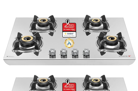सुजाता गैस स्टोव 4 बर्नर | 9 साल की वारंटी, ISI प्रमाणित | 4 बर्नर गैस स्टोव स्टेनलेस स्टील ऑटो इग्निशन, LPG रेडी और PNG कम्पैटिबल, SABAF, 360° घूमने वाला नोजल, जंबो ब्रास बर्नर (रोबस्टो) 