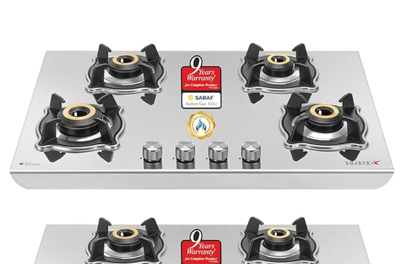 Sujata Gas Stove 4 Burners | 9 Years Warranty, ISI Certified | 4 Burner Gas Stove Stainless Steel Auto Ignition, LPG Ready & PNG Compatible, SABAF, 360° Rotating Nozzle, Jumbo Brass Burner (Robusto)-1