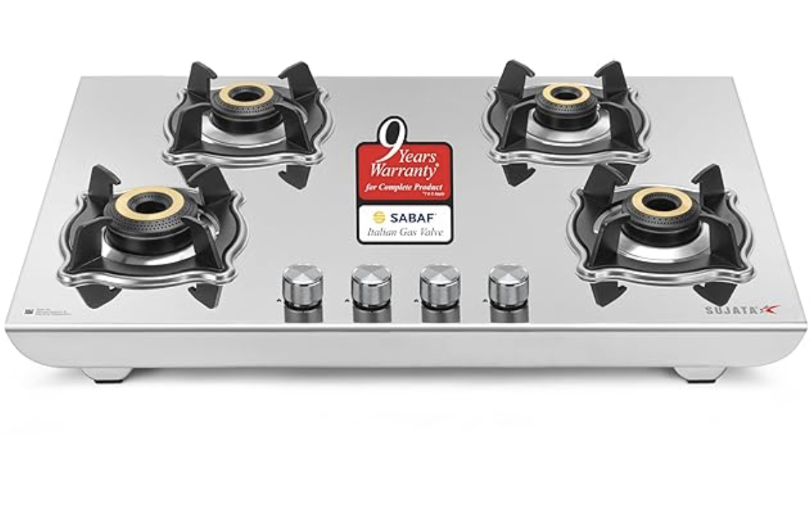 Sujata Open Gas Stove 4 Burners Steel Body | 9 Years Warranty, ISI Certified | Stainless Steel, Gas Chulha, LPG Ready & PNG Compatible (Robusto - Steel Finish)