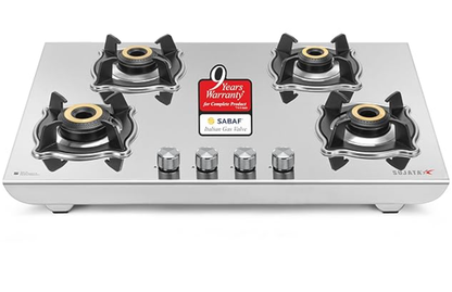 Sujata Open Gas Stove 4 Burners Steel Body | 9 Years Warranty, ISI Certified | Stainless Steel, Gas Chulha, LPG Ready & PNG Compatible (Robusto - Steel Finish)