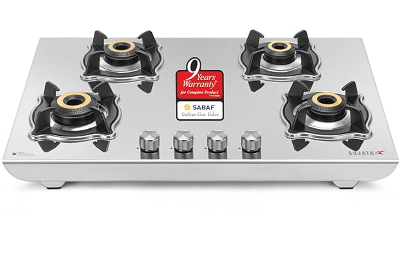 Sujata Open Gas Stove 4 Burners Steel Body | 9 Years Warranty, ISI Certified | Stainless Steel, Gas Chulha, LPG Ready & PNG Compatible (Robusto - Steel Finish)-1