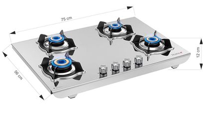 Sujata Open Gas Stove 4 Burners Steel Body | 9 Years Warranty, ISI Certified | Stainless Steel, Gas Chulha, LPG Ready & PNG Compatible (Robusto - Steel Finish)