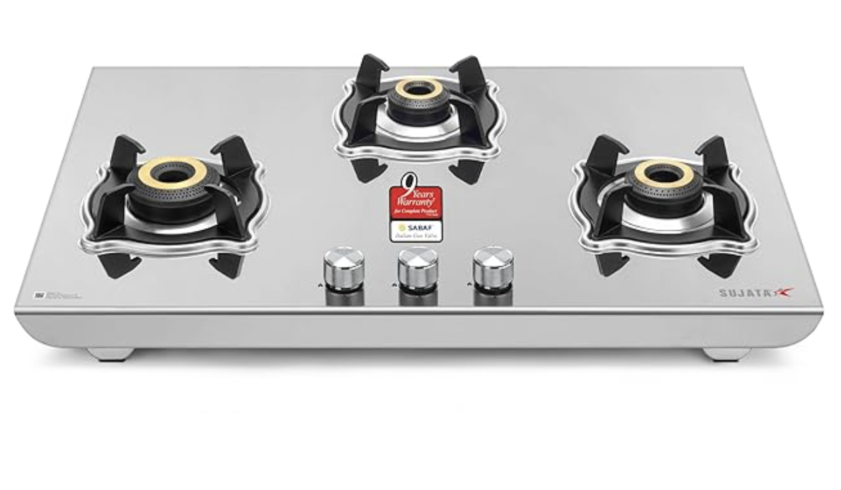 सुजाता गैस स्टोव 3 बर्नर स्टील बॉडी | 9 साल की वारंटी, ISI प्रमाणित | 3 बर्नर गैस स्टोव स्टेनलेस स्टील, गैस चूल्हा 3 बर्नर, LPG रेडी और PNG कम्पैटिबल (रोबस्टो - स्टील फ़िनिश), मैनुअल 