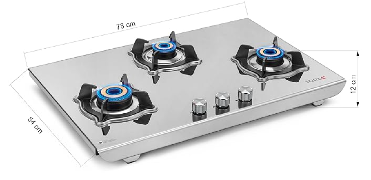 Sujata Gas Stove 3 Burners Steel Body | 9 Years Warranty, ISI Certified | 3 Burner Gas Stove Stainless Steel, Gas Chulha 3 Burner, LPG Ready & PNG Compatible (Robusto - Steel Finish), Manual