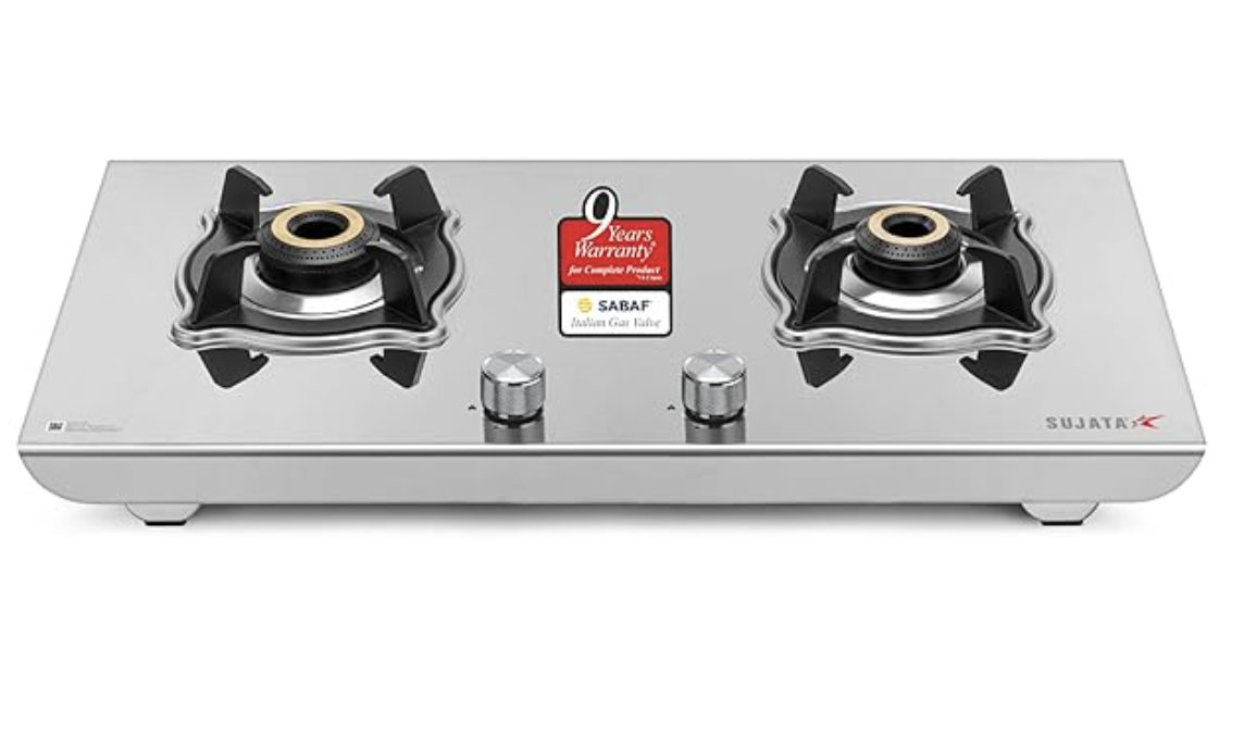 Sujata Open Gas Stove 2 Burners Steel Body | 9 Years Warranty, ISI Certified | Stainless Steel, Gas Chulha, LPG Ready & PNG Compatible (Robusto - Steel Finish)