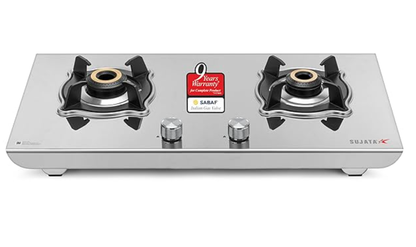 Sujata Open Gas Stove 2 Burners Steel Body | 9 Years Warranty, ISI Certified | Stainless Steel, Gas Chulha, LPG Ready & PNG Compatible (Robusto - Steel Finish)