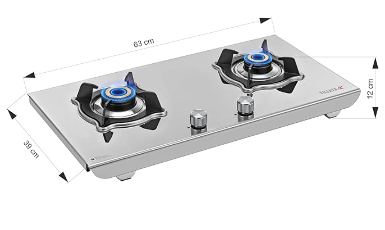 Sujata Open Gas Stove 2 Burners Steel Body | 9 Years Warranty, ISI Certified | Stainless Steel, Gas Chulha, LPG Ready & PNG Compatible (Robusto - Steel Finish)