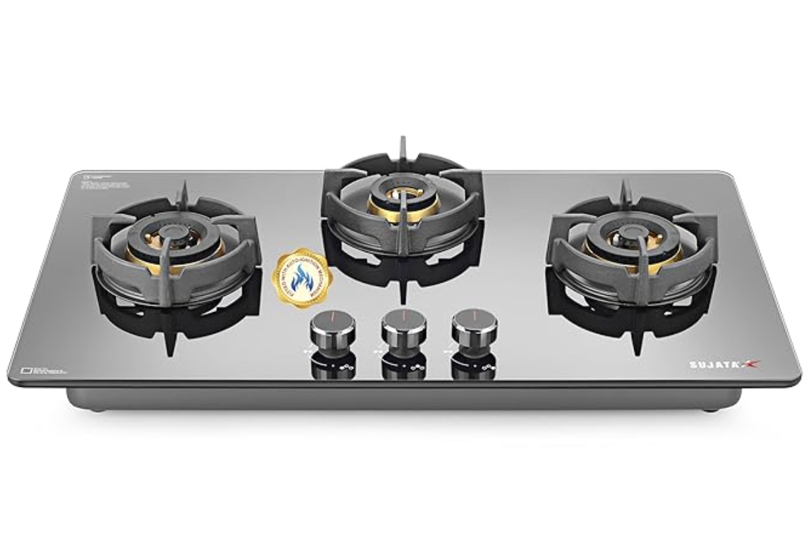 Sujata Hob Top 3 burner Auto Ignition | 5 Years Warranty | 3 Burner Gas Stove Glass Top,3 Burner, Hob Gas Stove, Brass Burner (Platinum- FFD AI)