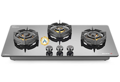 Sujata Hob Top 3 burner Auto Ignition | 5 Years Warranty | 3 Burner Gas Stove Glass Top,3 Burner, Hob Gas Stove, Brass Burner (Platinum- FFD AI)-1