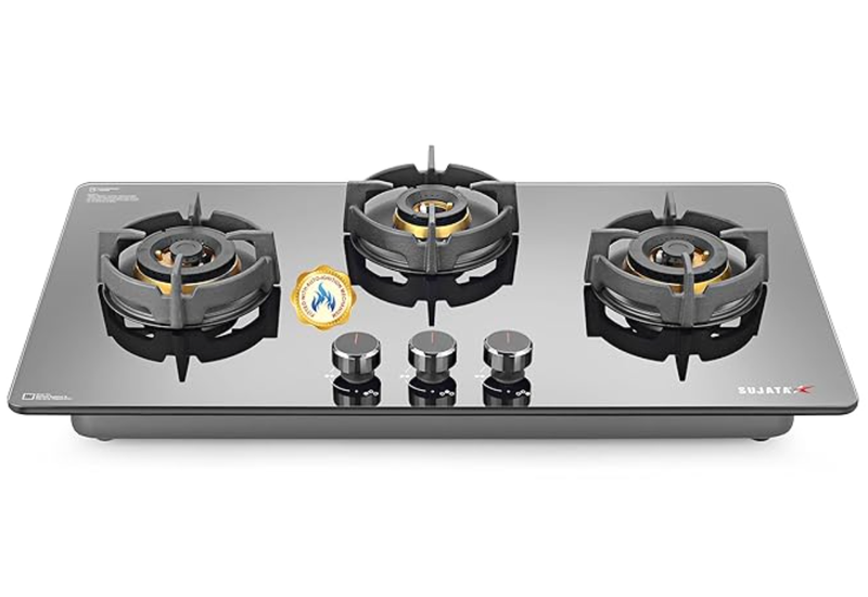 Sujata Hob Top 3 burner Auto Ignition | 5 Years Warranty | 3 Burner Gas Stove Glass Top,3 Burner, Hob Gas Stove, Brass Burner (Platinum- FFD AI)-1