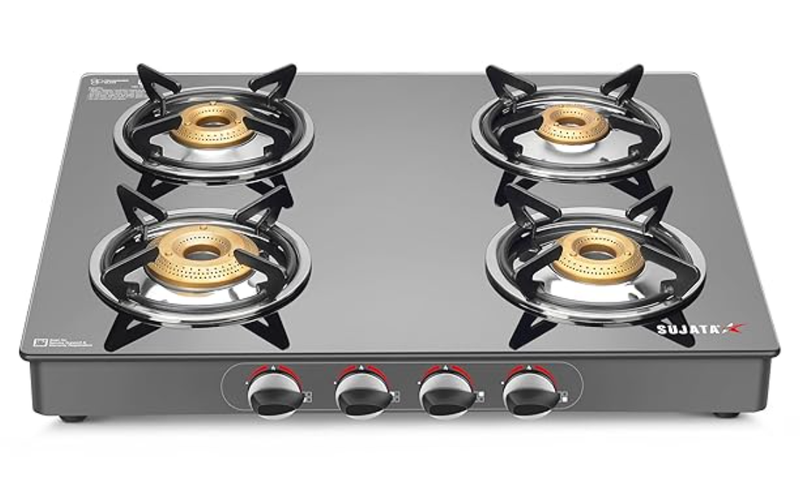 Sujata Gas Stove | 9 Years Warranty | 4 Burner Gas Stove Glass Top, 4 Burner Stove, ISI Certified, SABAF Valve with LPG & PNG Compatible, 360° Rotating Nozzle, 8mm Toughened Glass (Standard - Black)-1