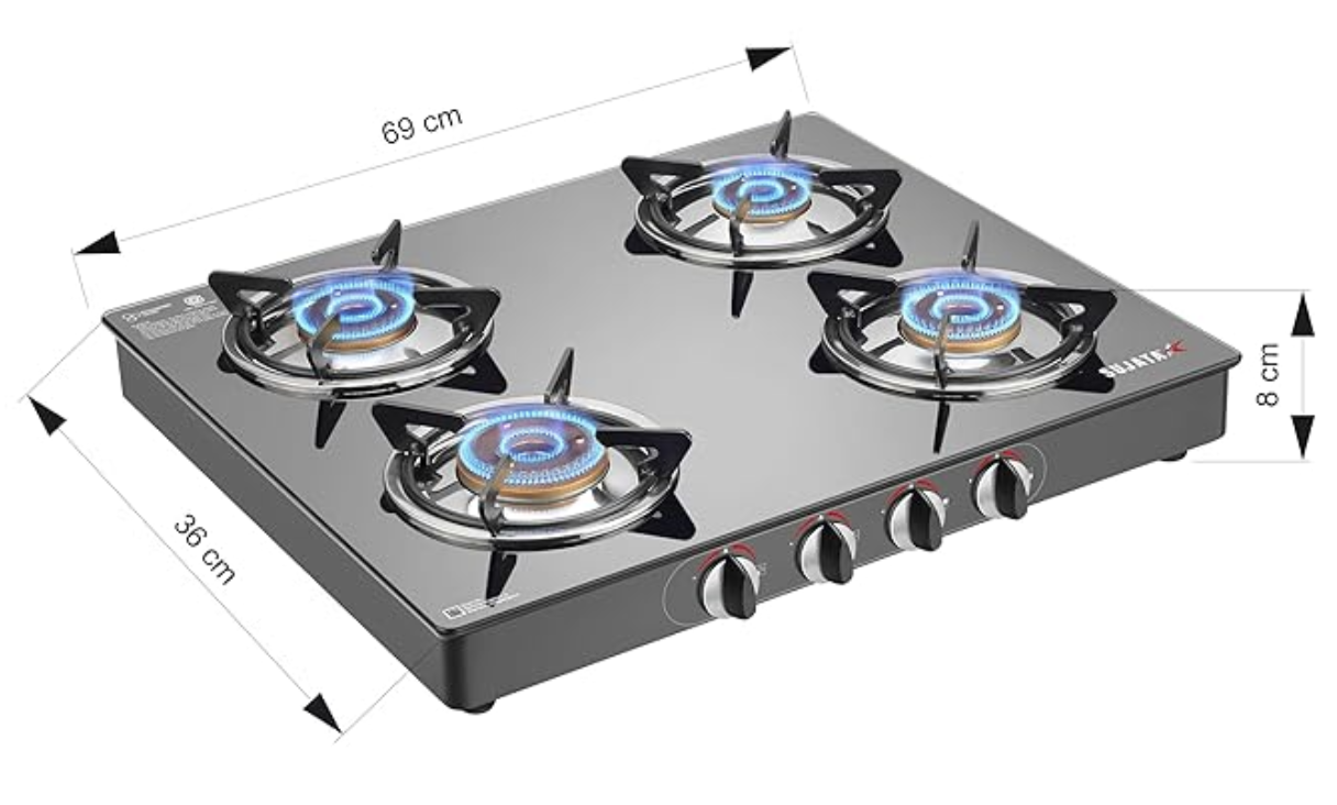 Sujata Gas Stove | 9 Years Warranty | 4 Burner Gas Stove Glass Top, 4 Burner Stove, ISI Certified, SABAF Valve with LPG & PNG Compatible, 360° Rotating Nozzle, 8mm Toughened Glass (Standard - Black)