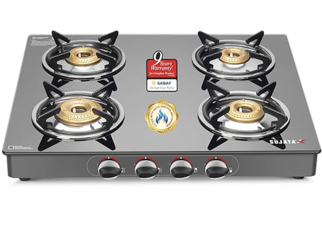 Sujata Auto Ignition Gas Stove 4 Burners | 9 Years Warranty | 4 Burner Gas Stove Glass Top, Stove 4 Burner, ISI Certified, SABAF Valve, LPG & PNG Compatible, 360° Rotating Nozzle (Standard, Black)