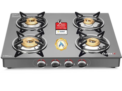 Sujata Auto Ignition Gas Stove 4 Burners | 9 Years Warranty | 4 Burner Gas Stove Glass Top, Stove 4 Burner, ISI Certified, SABAF Valve, LPG & PNG Compatible, 360° Rotating Nozzle (Standard, Black)