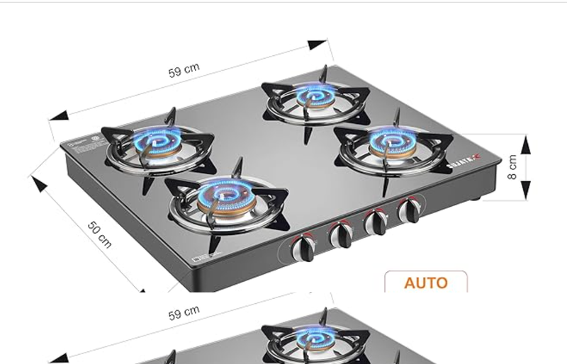 Sujata Auto Ignition Gas Stove 4 Burners | 9 Years Warranty | 4 Burner Gas Stove Glass Top, Stove 4 Burner, ISI Certified, SABAF Valve, LPG & PNG Compatible, 360° Rotating Nozzle (Standard, Black)-2