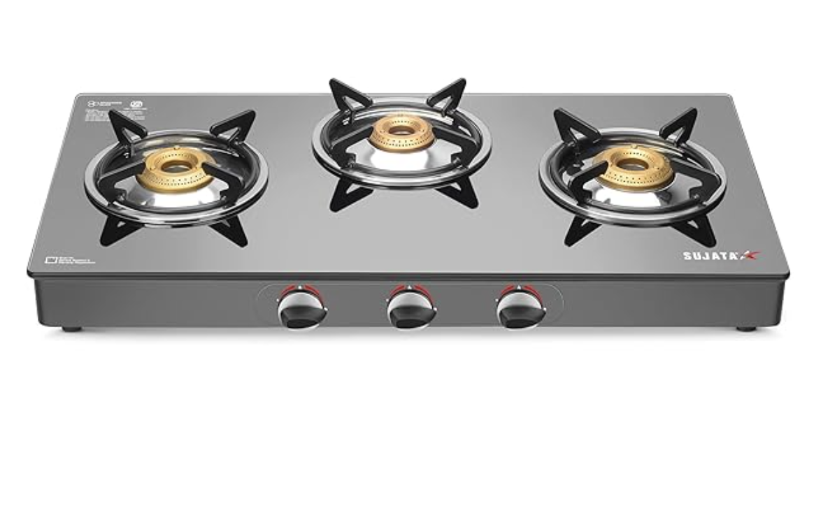 Sujata Open Gas Stove 3 Burners | 9 Years Warranty | 3 Burner Gas Stove Glass Top, Stove 3 Burner, ISI Certified, SABAF Valve with LPG & PNG Compatible, 360° Nozzle, 8mm Thick Glass Standard - Black