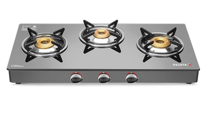 Sujata Open Gas Stove 3 Burners | 9 Years Warranty | 3 Burner Gas Stove Glass Top, Stove 3 Burner, ISI Certified, SABAF Valve with LPG & PNG Compatible, 360° Nozzle, 8mm Thick Glass Standard - Black