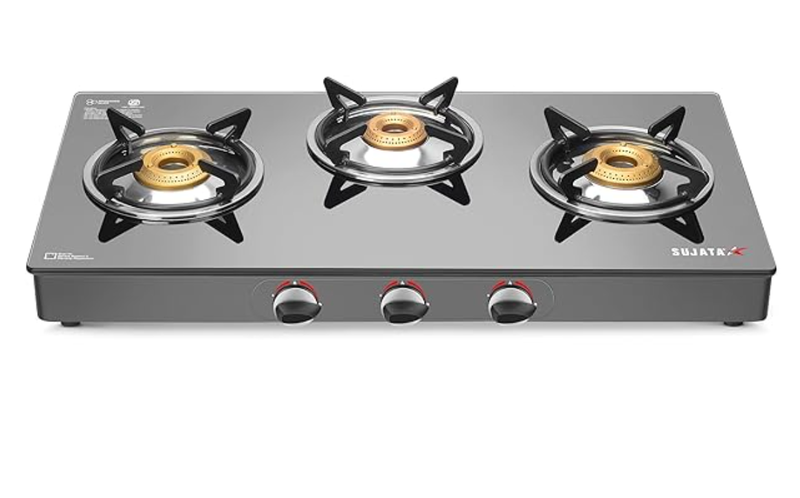 Sujata Open Gas Stove 3 Burners | 9 Years Warranty | 3 Burner Gas Stove Glass Top, Stove 3 Burner, ISI Certified, SABAF Valve with LPG & PNG Compatible, 360° Nozzle, 8mm Thick Glass Standard - Black-1