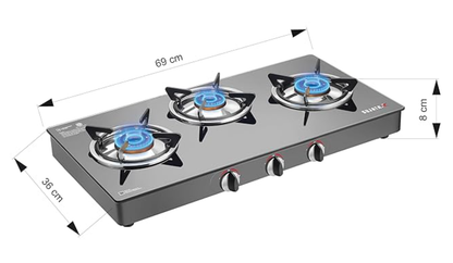 Sujata Open Gas Stove 3 Burners | 9 Years Warranty | 3 Burner Gas Stove Glass Top, Stove 3 Burner, ISI Certified, SABAF Valve with LPG & PNG Compatible, 360° Nozzle, 8mm Thick Glass Standard - Black