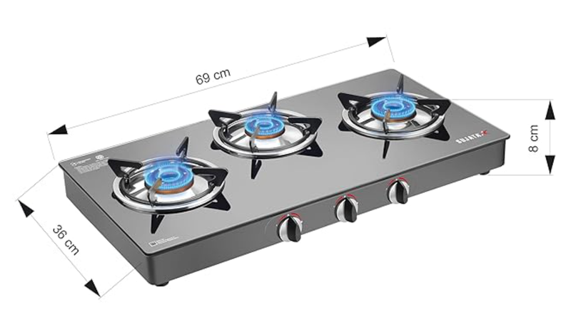 Sujata Open Gas Stove 3 Burners | 9 Years Warranty | 3 Burner Gas Stove Glass Top, Stove 3 Burner, ISI Certified, SABAF Valve with LPG & PNG Compatible, 360° Nozzle, 8mm Thick Glass Standard - Black-2