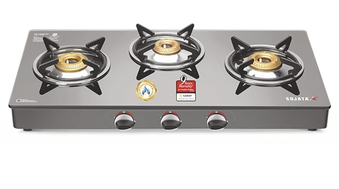 Sujata Auto Ignition Gas Stove 3 Burner | 9 Years Warranty | 3 Burner Gas Stove Glass Top, Stove 3 Burners, ISI Certified, SABAF Valve, LPG & PNG Compatible, 360° Rotating Nozzle (Standard, Black)