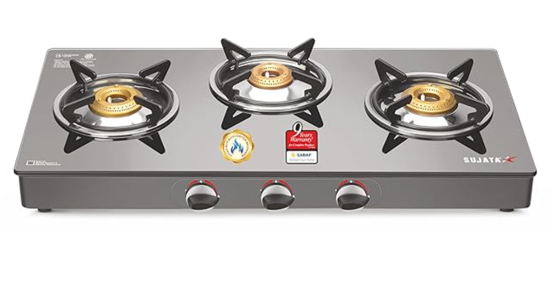 Sujata Auto Ignition Gas Stove 3 Burner | 9 Years Warranty | 3 Burner Gas Stove Glass Top, Stove 3 Burners, ISI Certified, SABAF Valve, LPG & PNG Compatible, 360° Rotating Nozzle (Standard, Black)-1
