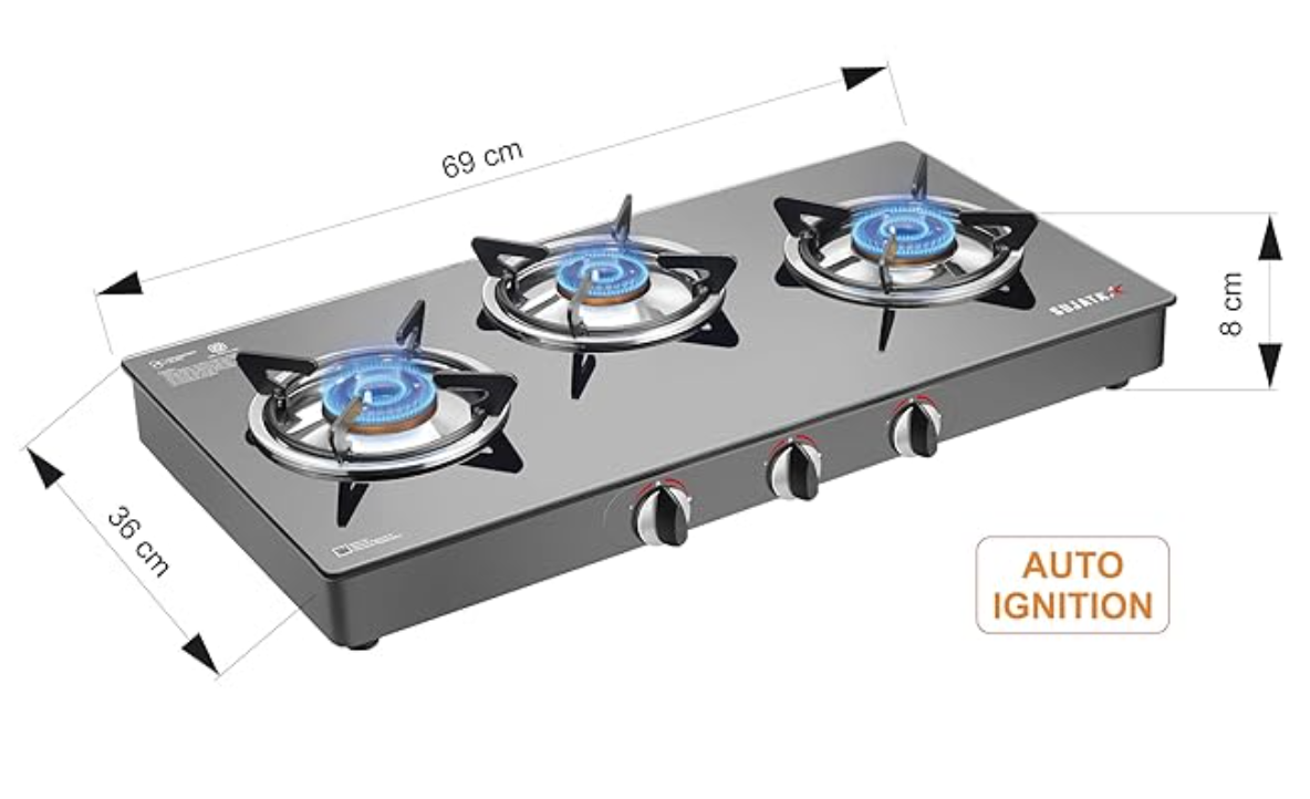 Sujata Auto Ignition Gas Stove 3 Burner | 9 Years Warranty | 3 Burner Gas Stove Glass Top, Stove 3 Burners, ISI Certified, SABAF Valve, LPG & PNG Compatible, 360° Rotating Nozzle (Standard, Black)