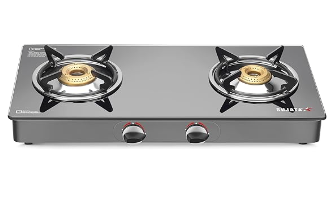 Sujata Gas Stove 2 Burners | 9 Years Warranty | Stove 2 Burner, 2 Burner Gas Stove, Glass Top, ISI Certified, SABAF Valve, LPG & PNG Compatible, 360° Nozzle (Standard - Black)