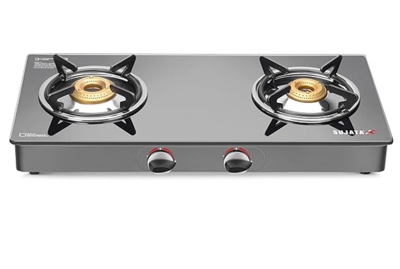 Sujata Gas Stove 2 Burners | 9 Years Warranty | Stove 2 Burner, 2 Burner Gas Stove, Glass Top, ISI Certified, SABAF Valve, LPG & PNG Compatible, 360° Nozzle (Standard - Black)-1