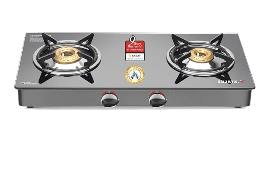 Sujata Standard Gas Stove 2 Burners | 9 Years Warranty | Stove 2 Burner, 2 Burner Gas Stove Glass Top, ISI Certified, SABAF Valve, LPG & PNG Compatible, 360° Nozzle (Black)