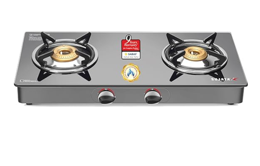 सुजाता ऑटो इग्निशन गैस स्टोव 2 बर्नर | 9 साल की वारंटी | 2 बर्नर गैस स्टोव ग्लास टॉप, स्टोव 2 बर्नर, ISI प्रमाणित, SABAF वाल्व, LPG और PNG कम्पैटिबल, 360° घूमने वाला नोजल (स्टैंडर्ड, काला) 