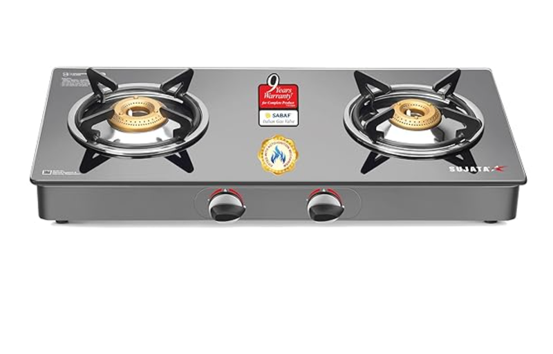 Sujata Standard Gas Stove 2 Burners | 9 Years Warranty | Stove 2 Burner, 2 Burner Gas Stove Glass Top, ISI Certified, SABAF Valve, LPG & PNG Compatible, 360° Nozzle (Black)-1