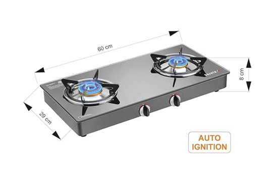 सुजाता ऑटो इग्निशन गैस स्टोव 2 बर्नर | 9 साल की वारंटी | 2 बर्नर गैस स्टोव ग्लास टॉप, स्टोव 2 बर्नर, ISI प्रमाणित, SABAF वाल्व, LPG और PNG कम्पैटिबल, 360° घूमने वाला नोजल (स्टैंडर्ड, काला) 