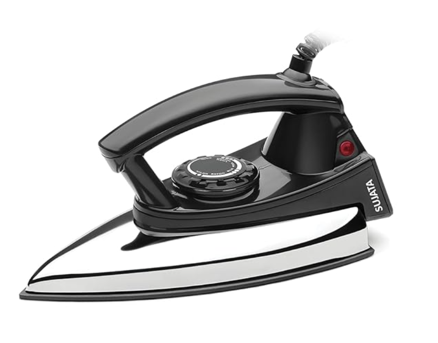 சுஜாதா டிரைஃபாஸ்ட் மேக்ஸ் 1000 வாட்ஸ் ஸ்டெயின்லெஸ் ஸ்டீல் டிரை அயர்ன் | அதிக வெப்ப பாதுகாப்பு வெப்ப உருகி | வெயில்பர்கர் கிரெப்லான் டபுள் கோட் நான்-ஸ்டிக் | தந்திரமான பகுதிகளுக்காக வடிவமைக்கப்பட்டது 