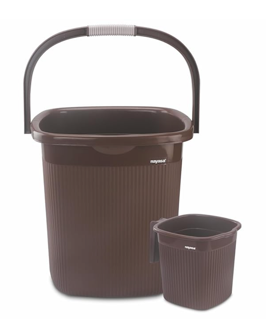 Nayasa Rimmy Plastic Bucket Set for Bathroom | Bucket and Mug (25 Liters & 1.5 Liters) | Bathroom Set of 2 | Bathroom Accessories Set | Bathroom Bucket Set | Dark Brown