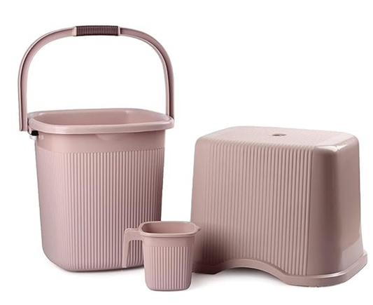 Nayasa Strong Plastic Rimmy Bucket Mug Stool Bathroom Set of 3 for Kitchen & Bathroom (SH) (Light Brown, 25 Liter(Big))