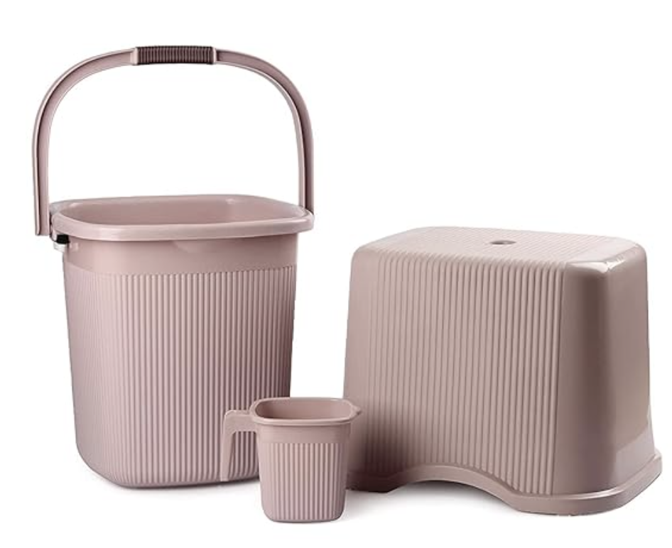 Nayasa Strong Plastic Rimmy Bucket Mug Stool Bathroom Set of 3 for Kitchen & Bathroom (SH) (Light Brown, 18 Liter(Small))